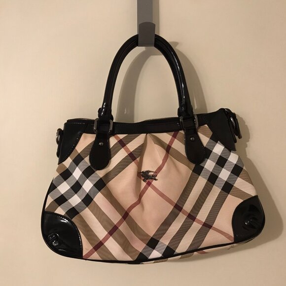 BURBERRY PATENT BLACK, TAN, RED, WHITE CHECK PRINT HANDBAG - Picture 1 of 17